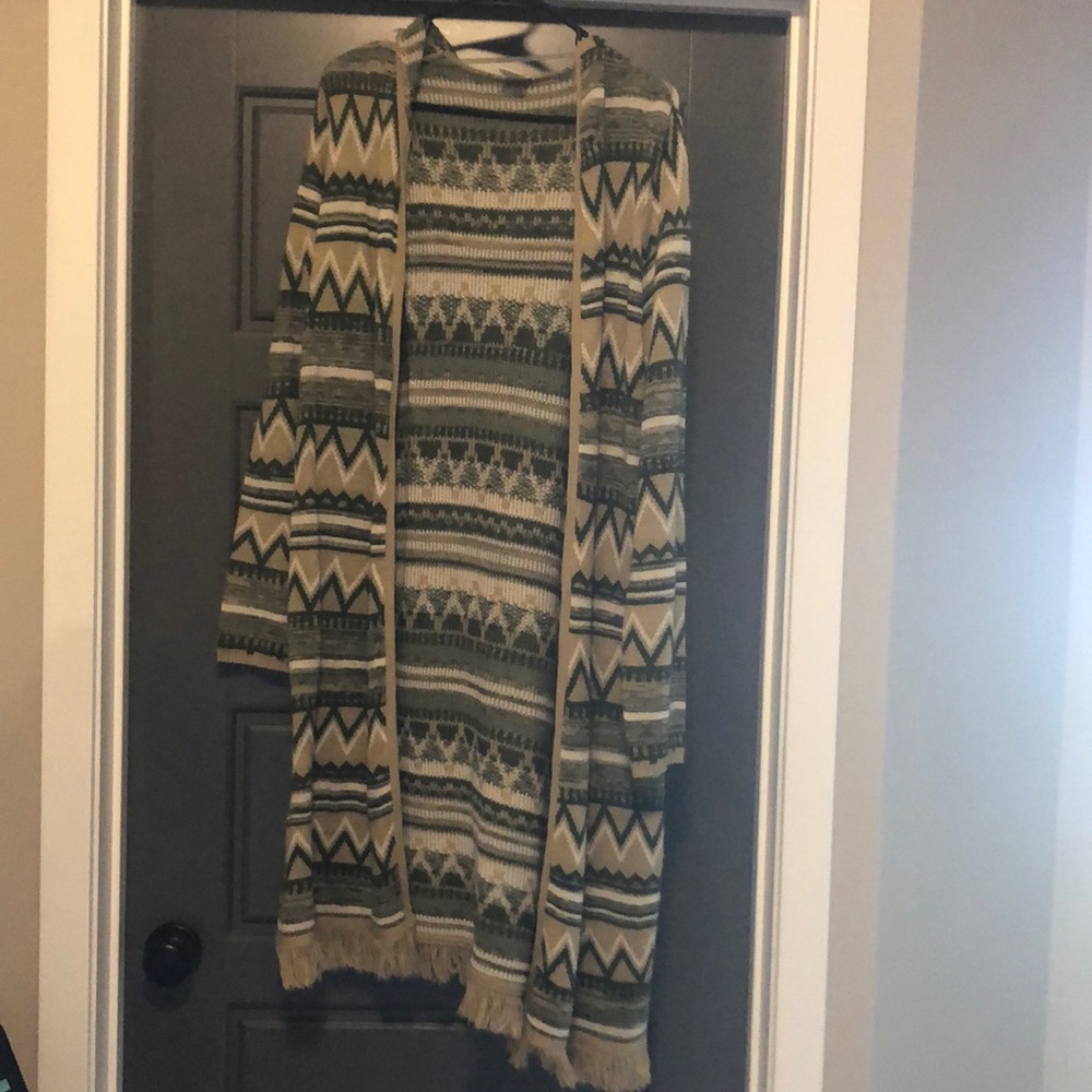 Green and beige patterned cardigan with hood